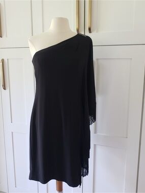 Betsy & Adam One-Shoulder Black Fringe Cocktail Dress